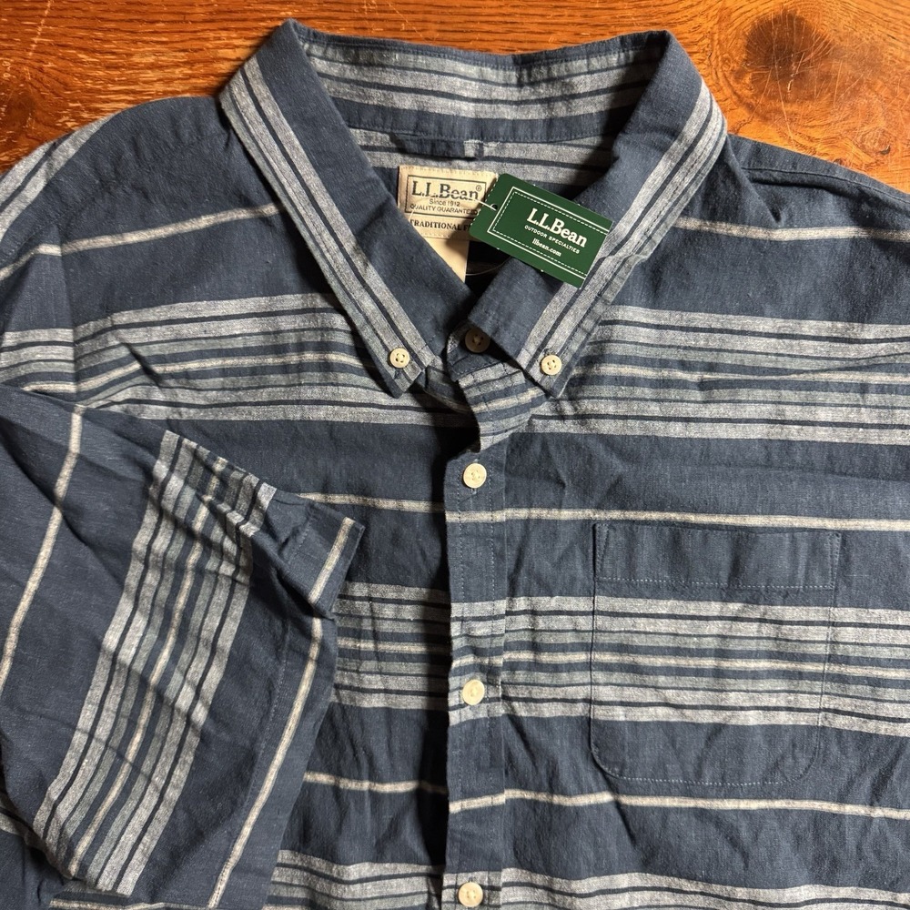 LL Bean Men's Backyard BBQ Shirt Short Sleeve Button Down Fit Stripe‎ Blue XXL